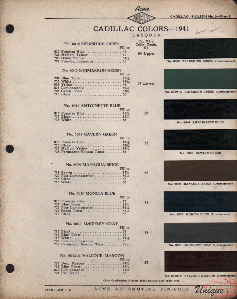 1941 Cadillac Paint Charts Acme 2